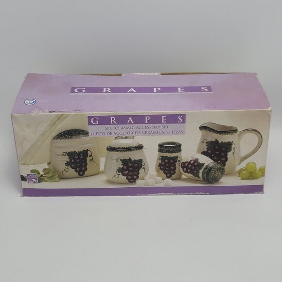 Alco Grapes 5 pc Ceramic Accessory Set Sugar Bowl Creamer Salt & Pepper Napkin - Picture 3 of 14